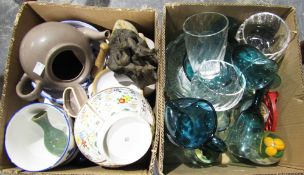 Japanese famille verte-style bowl, a hardstone pestle and mortar, resin model of little foxes by J