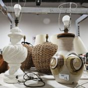 White ceramic Royal Doulton lamp of classical vase form, atop plinth and a studio pottery baluster