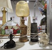 Tiffany-style lamp with autumnal tones shade and treetrunk design body, a gilt decorated classical-