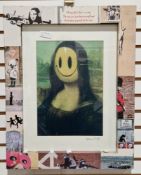 Printed copy of Banksy's Mona Lisa Smile, housed in frame decorated with Banky's art work,