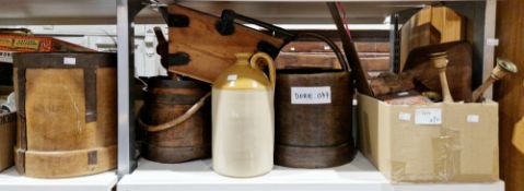 Pine and iron trug, small quantity of wooden buckets and other vessels, a large ceramic demijohn,