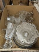 Pair of Edinburgh cut glass champagne glasses, a Royal Horticultural Society Wedgwood hexagonal form