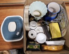 Poole two-tone lidded oven dish, Joyous pottery blue ground vase, Contrail model aircraft short