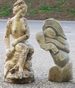 Reconstituted stone statue of female nude, seated, 60cm and a polished carved pacific island style