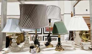 Alabaster vase formed table lamp, pair of brushed gilt metal coiled stem table lamps and three