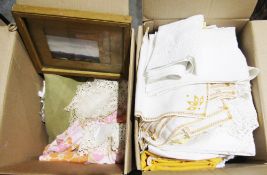 Quantity of textiles including lace tablecloths, coasters and a variety of coloured and white