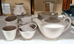 Poole pottery twin-tone mushroom and sepia glazed part tea service, mid-century, printed blue