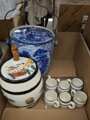 Ye Olde Foleyware blue and white jar with metal handle, a decorative iron and copper chestnut