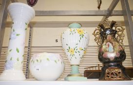 White ground floral decorated jardiniere stand and matching jardiniere, a fluted floral decorated