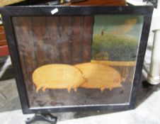 Oil on board, two pigs in a farmyard scene, within black painted stands, two prints after J C