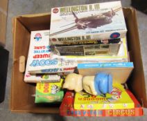 Collection of toys including Wellington BIII British model kit, Airfix, partially constructed and