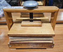 Wooden book press painted initials to sides and a quantity of wooden wares including carved wood