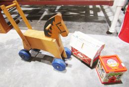 Wooden ride-on childrens toy horse, a red painted metal frame childrens rocking horse, a Fisher
