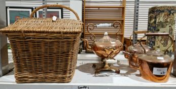 Three Victorian copper kettles, one on stand, with porcelain handles, stamped V4, each with