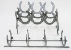 Coat rack constructed of rebar and horseshoes and a magazine rack constructed of horseshoes (2)