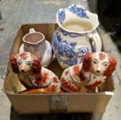 Pair of Staffordshire pottery models of Spaniels, each wearing gilt padlocked collars, enriched in