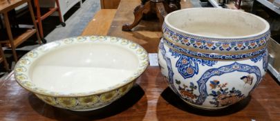 Large Gien faience French jardiniere decorated with floral and bird patterns and a late 19th century