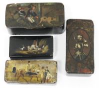 Four early 19th century papiermache snuff boxes, each with a decorated lid including two