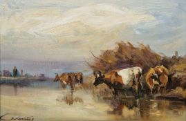 Claire Verity (20th century) Oil on canvas Cattle watering, signed lower right, 25cm x 20cm,