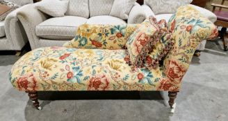 Victorian walnut framed chaise longue with scroll arm and shaped back rail, contemporary upholstered