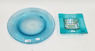 Contemporary studio glass shallow dish by Steven Newell, in frosted blue glass, the rim with an