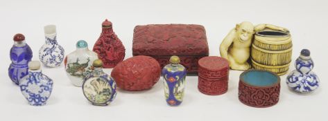 Collection of Chinese and Asian snuff bottles and other items, 20th century, including a cinnabar-