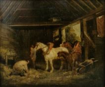 George Morland (1762/63-1804) Oil on canvas Figures and horse in stable, signed and dated 1797 lower