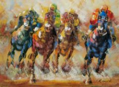 R. Sanford (British 20th Century) Oil on board Study of racehorses and jockeys at full gallop,