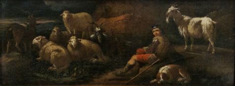 In the manner of Phillipp Peter Roos Oil on canvas Shepherd and his dog with his sheep and goat