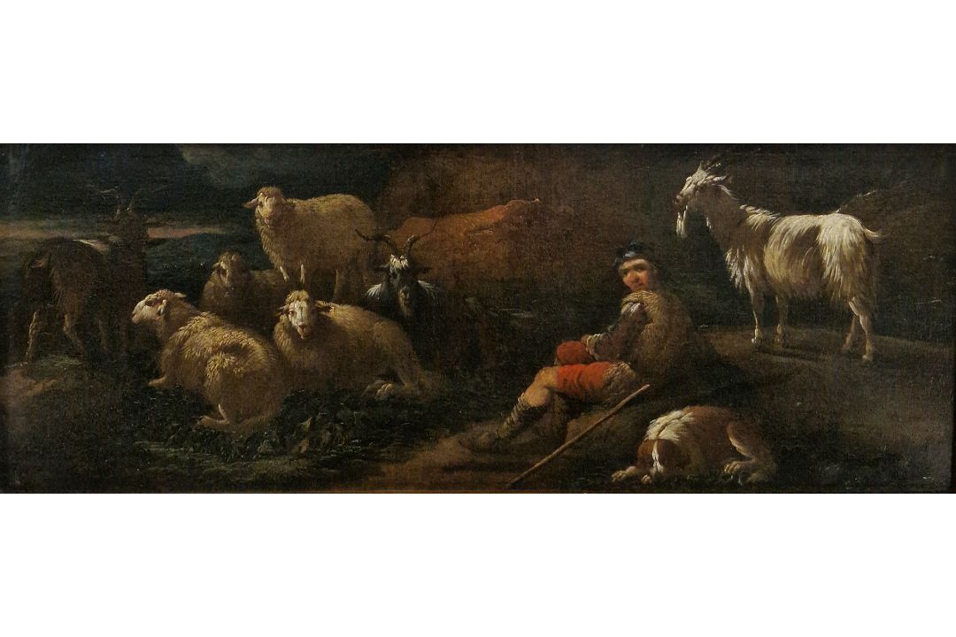 In the manner of Phillipp Peter Roos Oil on canvas Shepherd and his dog with his sheep and goat - Image 1 of 4