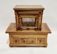 Modern light hardwood nest of three tables, largest table 58cm high x 70cm wide x 50cm deep together