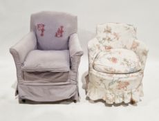Early 20th century bedroom armchair with circular seat and cream floral patterned upholstery, on