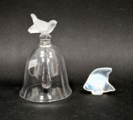 Lalique glass bell, the frosted handle in the form of a sparrow bird (bird a/f), 14cm high (with
