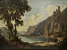 Ernst Erwin Oehme (1831-1907) Oil on board Ruined building and figures in lake landscape, signed and