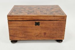 19th century mahogany sewing box, the geometric parquetry inlaid lid opening to a lift-out tray,