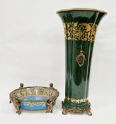 Large contemporary porcelain and gilt metal mounted Sevres-style green ground flared trumpet-