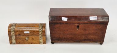 19th century walnut dome top box with brass strapwork decoration (with key), 10cm high x 19cm wide