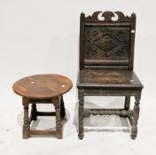 17th/18th century oak backstool with carved solid splat and solid seat, on turned and block supports