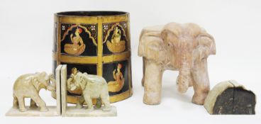 Indian metal bound coopered tapered barrel painted with scenes of kneeling Indian men and women