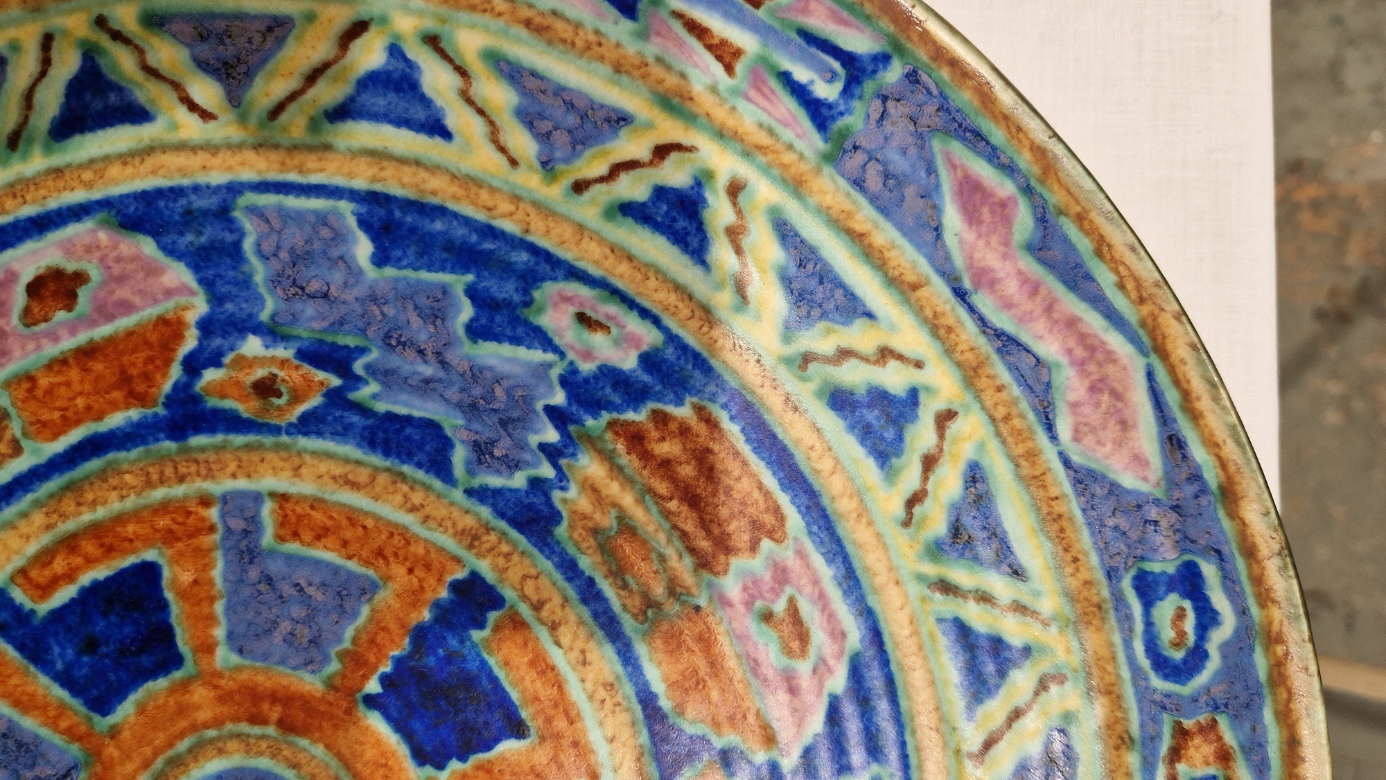 English pottery Art Deco charger, probably by Charlotte Rhead, indistinct blue marks to reverse, - Image 8 of 14