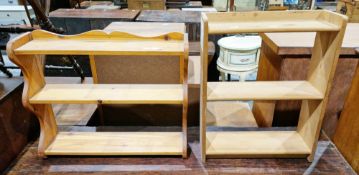 Two pine three-tier shelves, one with shaped sides, 51cm high x 61cm wide (2)