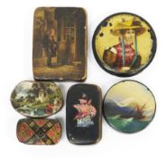 Collection of five 19th century papiermache snuff boxes all with decorated lids including a circular