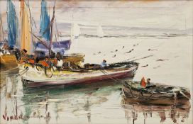 Virgilio Costa (Portuguese, b. 1943) Oil on canvas Fishing vessels moored, signed, 24 cm x 36.5cm,