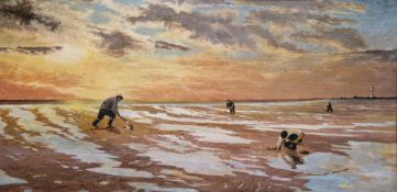 Tas Plant (20th century) Oil on board Coastal scene with figures gathering cockles at sunset, signed