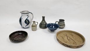 Collection of studio pottery, including an Aldermaston pottery jug, painted by Edgar Campden, with