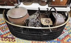Collection of brass and copperware including two pierced kettle warming stands, a helmet coal