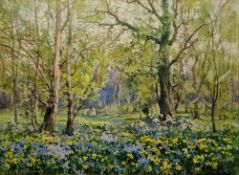 Ernest Llewellyn Hampshire (British 1882-1944) Watercolour Woodland scene, two girls picking