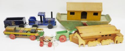 Early 20th century painted wooden toy Noah's ark, 47cm long, pine Noah's ark with twenty two