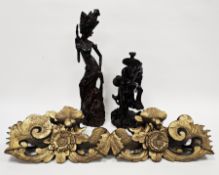 19th century giltwood carving of scrolling foliage and flowers, 75cm long, a Japanese hardwood