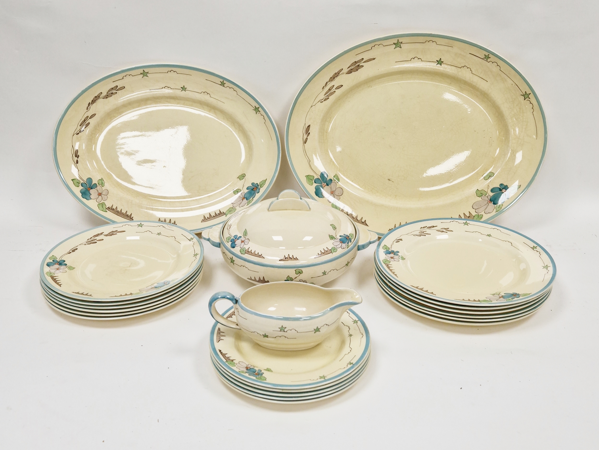 Clarice Cliff Wilkinson Art Deco part dinner service, printed black and impressed marks, printed and